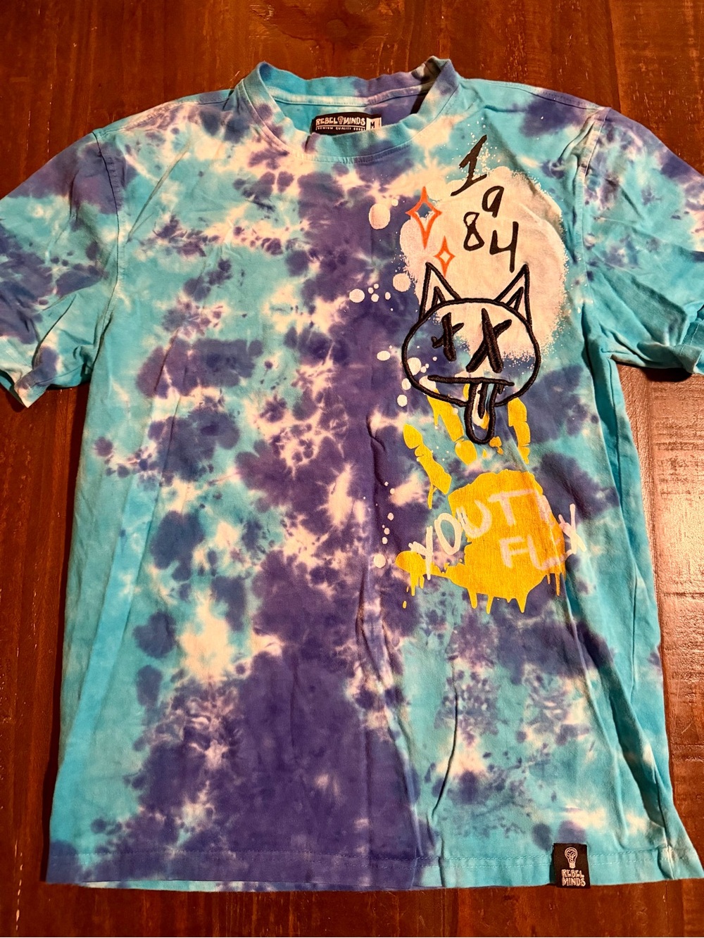 Rebel Minds Embroidered Smile CatFace Tie-Dye Graphic Tee - Blue/Purple - Size M
